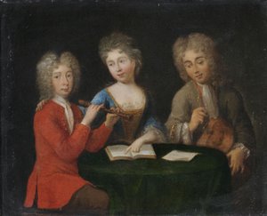 Leçon de musique. Deux hommes et une femme jouent de la flûte et de la vielle à roue. - Unbekannt Unbekannt